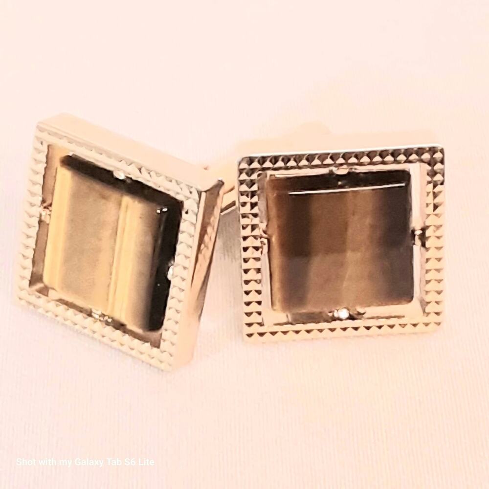 💎Tigers Eye Cuff Links Square Stones In Gold Tone Textured Border